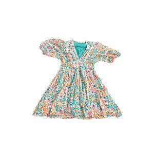 Mahila Women’s Boho Floral Puff Sleeve Dress Size M Multicolor V-Neck Lace Trim